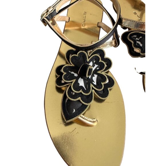 ETRO Black Gold Floral Butterfly Gladiator Sandals Size 37 / US 7 - Picture 3 of 9
